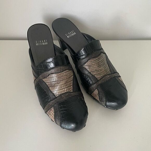 Stuart Weitzman Mules Heels Black Leather Patchwork Size 8.5 Studded Slip On - Picture 8 of 9